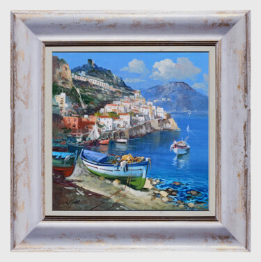 Schilderij getiteld "Amalfi beach "squar…" door Vincenzo Somma, Origineel Kunstwerk, Olie Gemonteerd op Frame voor houten br…