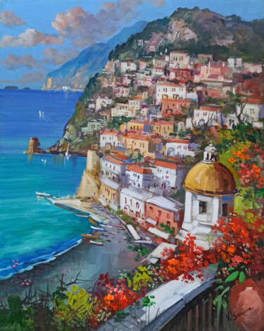 Painting titled "Seaside with flower…" by Vincenzo Somma, Original Artwork, Oil Mounted on Wood Stretcher frame