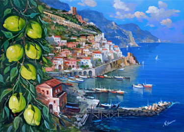 Painting titled "Amalfi painting - L…" by Vincenzo Somma, Original Artwork, Oil Mounted on Wood Stretcher frame
