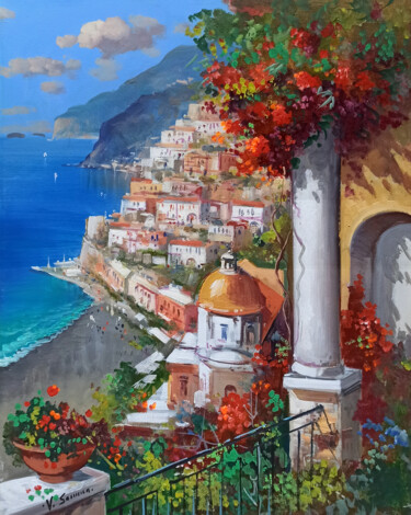Painting titled "View from the terra…" by Vincenzo Somma, Original Artwork, Oil Mounted on Wood Stretcher frame