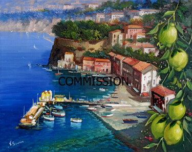 Painting titled "Sorrento view with…" by Vincenzo Somma, Original Artwork, Oil Mounted on Wood Stretcher frame
