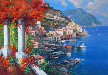 Painting titled "Cliff panorama view…" by Vincenzo Somma, Original Artwork, Oil Mounted on Wood Stretcher frame