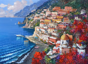 Schilderij getiteld "Flowery coast view…" door Vincenzo Somma, Origineel Kunstwerk, Olie Gemonteerd op Frame voor houten bra…