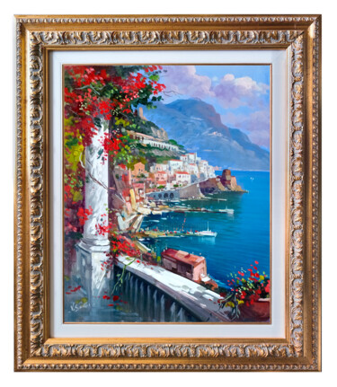 Painting titled "Amalfi bloomed seas…" by Vincenzo Somma, Original Artwork, Oil Mounted on Wood Stretcher frame