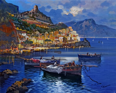 Painting titled "Fishing boats night…" by Vincenzo Somma, Original Artwork, Oil Mounted on Wood Stretcher frame