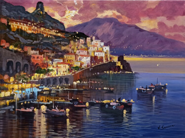 Painting titled "Sunset on the coast…" by Vincenzo Somma, Original Artwork, Oil Mounted on Wood Stretcher frame