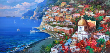 Painting titled "Positano painting -…" by Vincenzo Somma, Original Artwork, Oil Mounted on Wood Stretcher frame