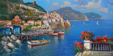 Malarstwo zatytułowany „Seaside with boats…” autorstwa Vincenzo Somma, Oryginalna praca, Olej Zamontowany na Drewniana rama…