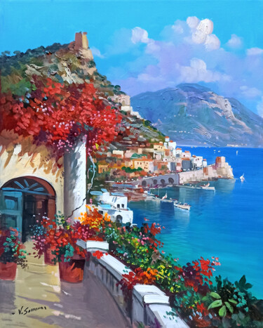 Pintura titulada "Terrace on the sea…" por Vincenzo Somma, Obra de arte original, Oleo Montado en Bastidor de camilla de mad…