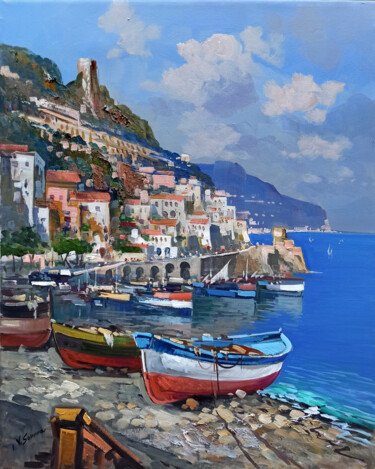 Painting titled "Boats on the beach…" by Vincenzo Somma, Original Artwork, Oil Mounted on Wood Stretcher frame
