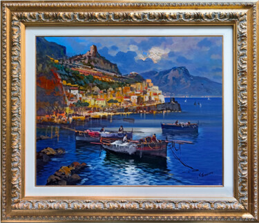 Painting titled "Fishing boats night…" by Vincenzo Somma, Original Artwork, Oil Mounted on Wood Stretcher frame