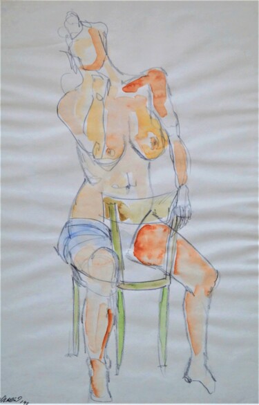 Drawing titled "Nudo seduto" by Vincenzo Cohen, Original Artwork, Watercolor