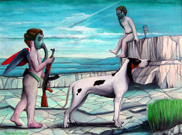 Schilderij getiteld "EROS "THE HUNTER"" door Vincenzo Squillacioti, Origineel Kunstwerk, Tempera Gemonteerd op Houten paneel