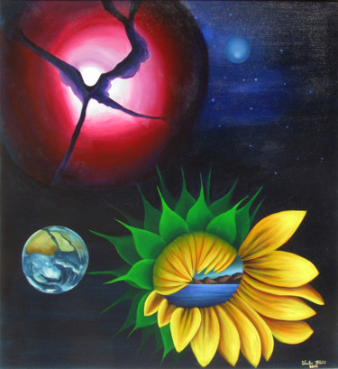 Peinture intitulée "Sunflower in Cosmos" par Vinko Hlebs, Œuvre d'art originale, Huile