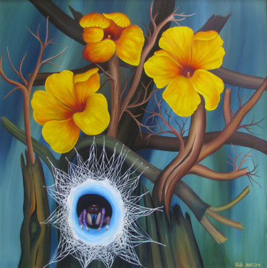 Peinture intitulée "Flowers and spider" par Vinko Hlebs, Œuvre d'art originale, Huile