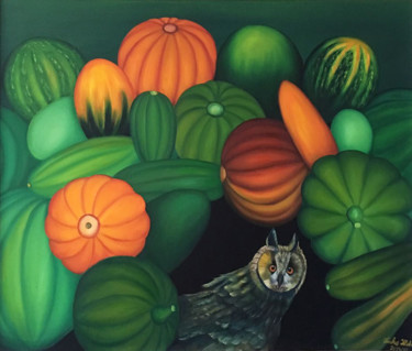 Painting titled "Pumpkin and owl" by Vinko Hlebs, Original Artwork, Oil