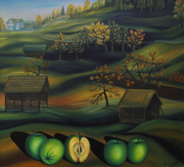 Schilderij getiteld "Landscape with appl…" door Vinko Hlebs, Origineel Kunstwerk, Olie