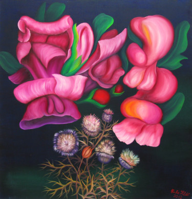 Malarstwo zatytułowany „Pink Flowers” autorstwa Vinko Hlebs, Oryginalna praca, Olej