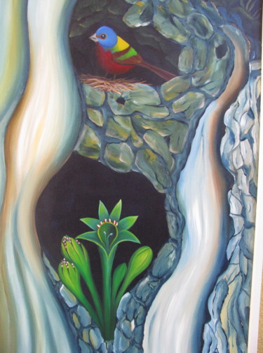Painting titled "Bird and flower" by Vinko Hlebs, Original Artwork, Oil