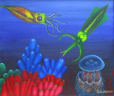 Painting titled "Underwater world" by Vinko Hlebs, Original Artwork, Oil Mounted on Wood Stretcher frame