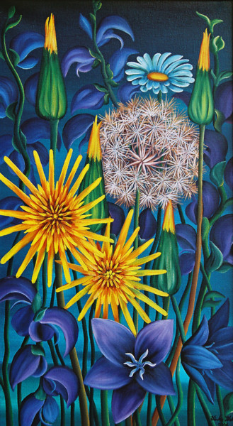 Malerei mit dem Titel "Dandelion and flowe…" von Vinko Hlebs, Original-Kunstwerk, Öl