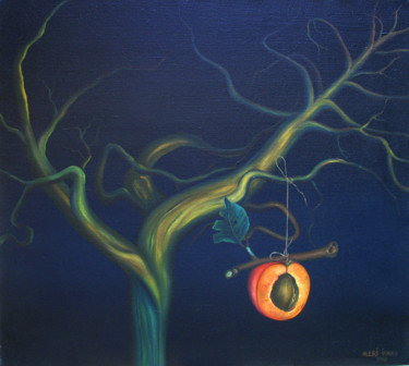 Painting titled "Apricot on the tree" by Vinko Hlebs, Original Artwork, Oil Mounted on Wood Stretcher frame