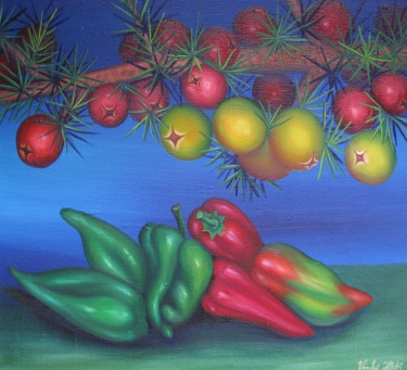 Painting titled "Peppers and thorns" by Vinko Hlebs, Original Artwork, Oil