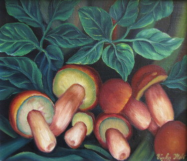 Painting titled "Mushrooms 2" by Vinko Hlebs, Original Artwork, Oil Mounted on Wood Stretcher frame