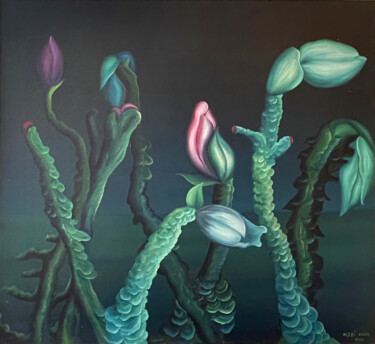 Malarstwo zatytułowany „Lichens with Helleb…” autorstwa Vinko Hlebs, Oryginalna praca, Olej Zamontowany na Drewniana rama no…