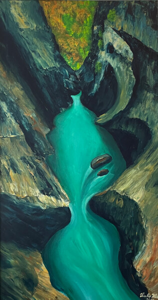 Malerei mit dem Titel "Green river" von Vinko Hlebs, Original-Kunstwerk, Öl Auf Keilrahmen aus Holz montiert