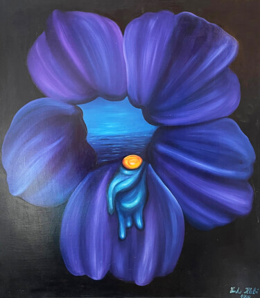 Картина под названием "Violet flower with…" - Vinko Hlebs, Подлинное произведение искусства, Масло