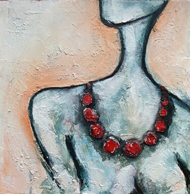 Painting titled "Red beads" by Rymma Vinogradova, Original Artwork, Acrylic Mounted on Wood Stretcher frame