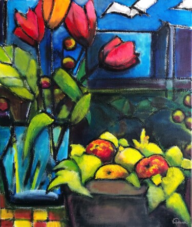 Painting titled "Tulipes" by Violaine Quesnel, Original Artwork, Acrylic Mounted on Wood Stretcher frame