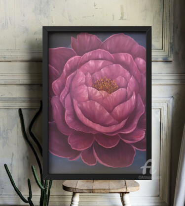 Painting titled "Pink Peony - flower…" by Violetta Golden, Original Artwork, Oil Mounted on Cardboard