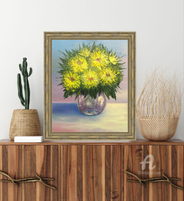 Painting titled "Chrysanthemum in a…" by Violetta Golden, Original Artwork, Oil Mounted on Wood Stretcher frame