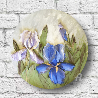 Painting titled "Irises Blue flower…" by Violetta Golden, Original Artwork, Plaster Mounted on Wood Panel