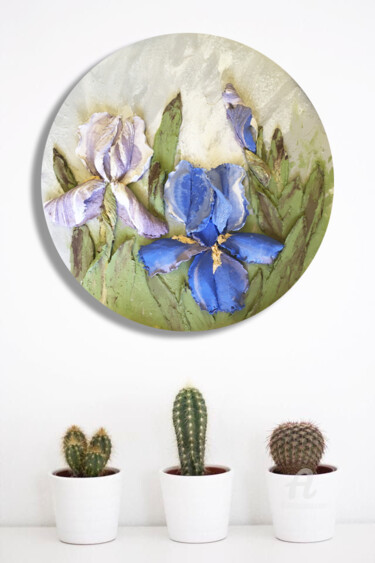 Pintura titulada "Blue Irises - flora…" por Violetta Golden, Obra de arte original, Oleo Montado en Panel de madera