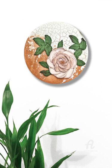 Schilderij getiteld "Peace Rose - Round…" door Violetta Golden, Origineel Kunstwerk, Olie Gemonteerd op Houten paneel
