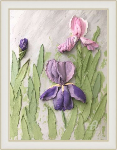 Painting titled "Garden irises -  fl…" by Violetta Golden, Original Artwork, Oil Mounted on Wood Panel