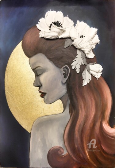 Painting titled "Moon-faced- portrai…" by Violetta Golden, Original Artwork, Oil Mounted on Cardboard