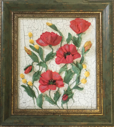 Painting titled "Red poppies - flowe…" by Violetta Golden, Original Artwork, Oil Mounted on Wood Panel