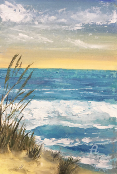 Painting titled "Sunset - Seascape o…" by Violetta Golden, Original Artwork, Oil Mounted on Cardboard