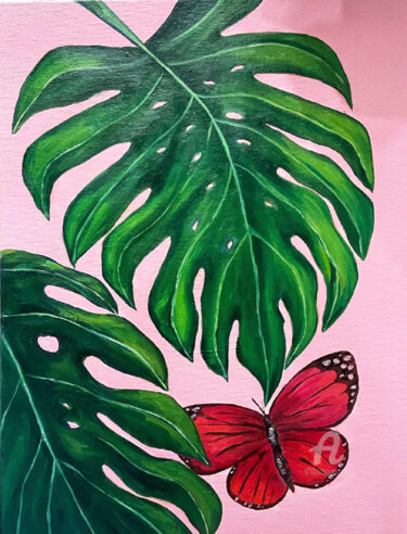 Painting titled "Monstera - floral t…" by Violetta Golden, Original Artwork, Oil