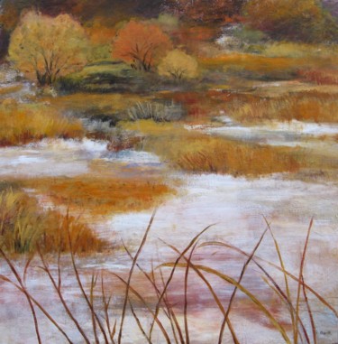 Painting titled "Etang en automne" by Violette Barth Spiecker, Original Artwork, Acrylic Mounted on Wood Stretcher frame