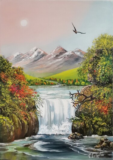 Pintura intitulada "Cascade en montagne" por Violette Le Gallou, Obras de arte originais, Óleo