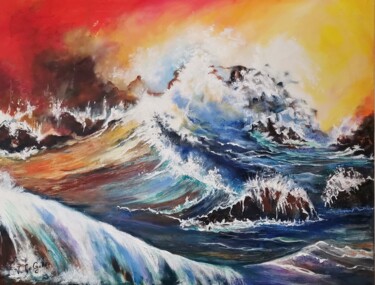 Painting titled "VAGUE AU COUCHANT" by Violette Le Gallou, Original Artwork, Oil Mounted on Wood Stretcher frame