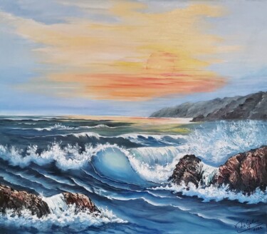 Painting titled "VAGUE AU COUCHANT S…" by Violette Le Gallou, Original Artwork, Oil Mounted on Wood Stretcher frame