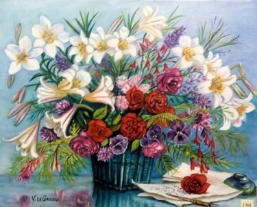 Painting titled "BOUQUET A LA LETTRE…" by Violette Le Gallou, Original Artwork, Oil Mounted on Wood Stretcher frame