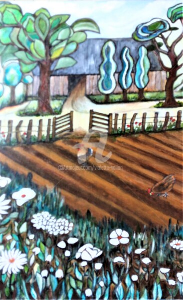 Painting titled ""Ferme ancienne"" by Viva, Original Artwork, Acrylic