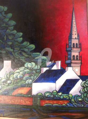 Peinture intitulée ""Le clocher de Plou…" par Viva, Œuvre d'art originale, Huile